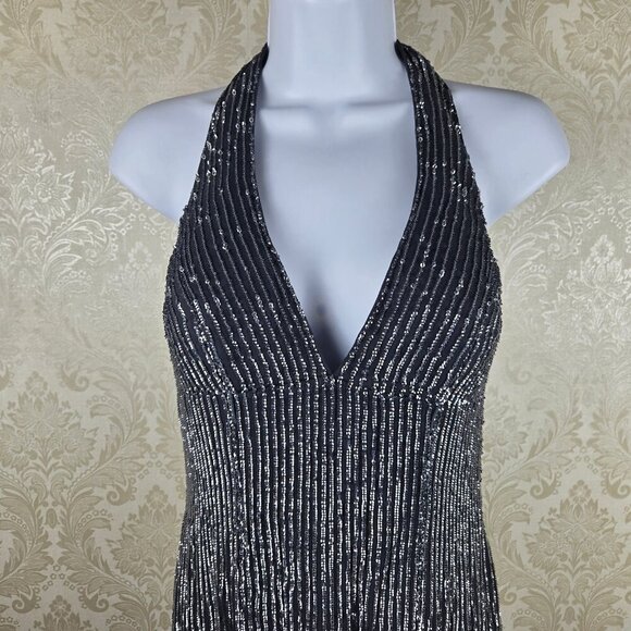 BASIX II Sz 4 100% Silk Gray Halter Dress Silver Sequin Embellishment Open Back - Picture 2 of 14